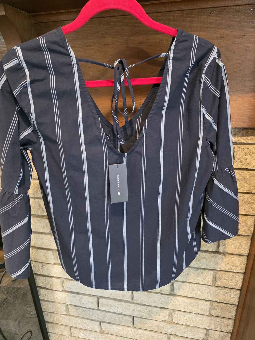 Tommy Hilfiger Navy and White Vertical Stripe V-Neck Bell Sleeve Blouse - Picture 5 of 7
